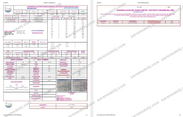 Pakistan Gujanwala electric power company electricity utility bil Word and PDF formats, 2 pages